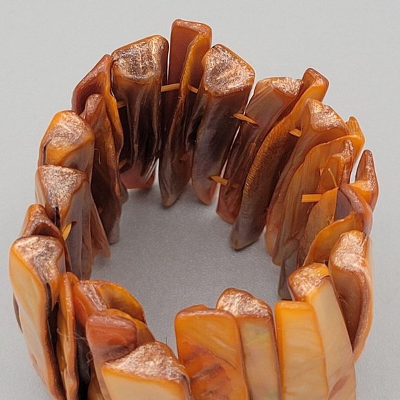 Womens Orange Dyed Mother Of Pearl Wide Bangle Fashion Bracelet Stretchable 6 in - Picture 4 of 5